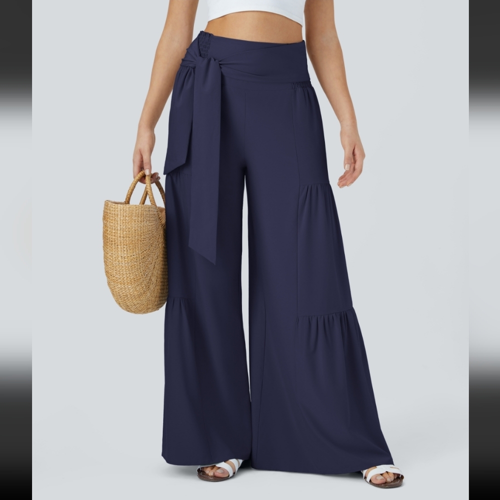 74. New HALARA Blue Smocked Waist Tie Front or Back Wide Leg Pants Sz L